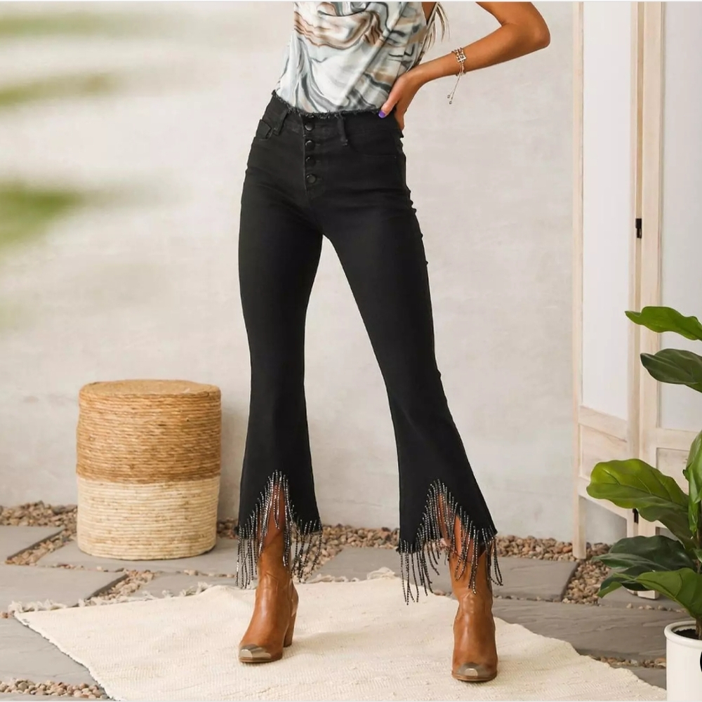 Blue B Collection Rhinestone High Rise Cropped Flare Jeans Size Small